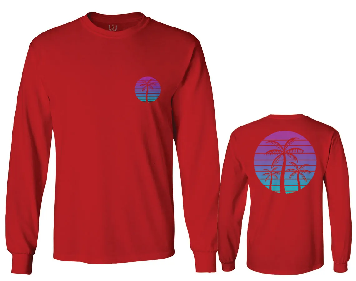 Front and Back Vaporwave Palm Trees Aesthetics Art Beach surf Sunset mens Long sleeve t shirt