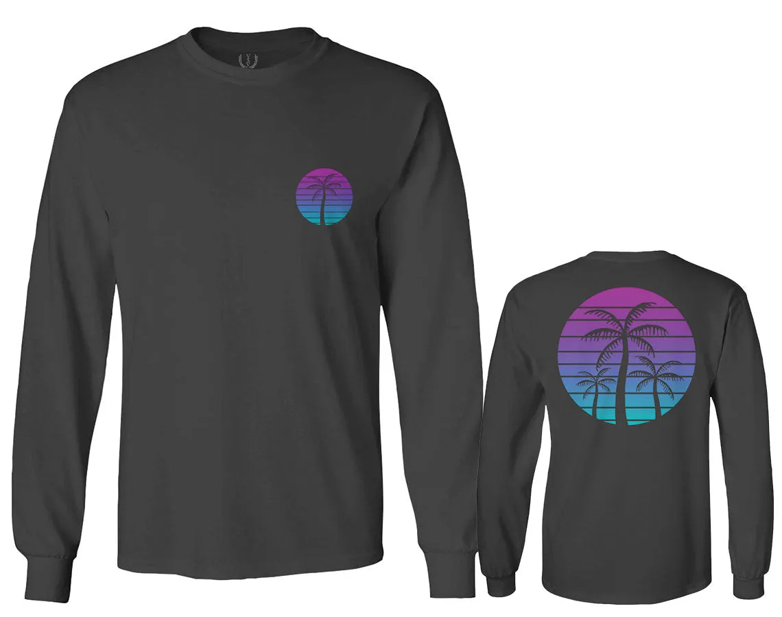 Front and Back Vaporwave Palm Trees Aesthetics Art Beach surf Sunset mens Long sleeve t shirt