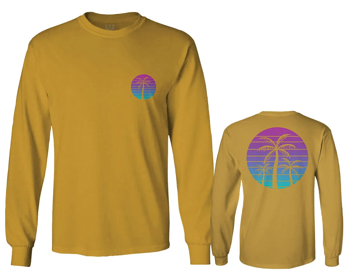 Front and Back Vaporwave Palm Trees Aesthetics Art Beach surf Sunset mens Long sleeve t shirt