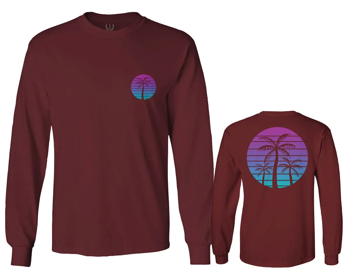Front and Back Vaporwave Palm Trees Aesthetics Art Beach surf Sunset mens Long sleeve t shirt