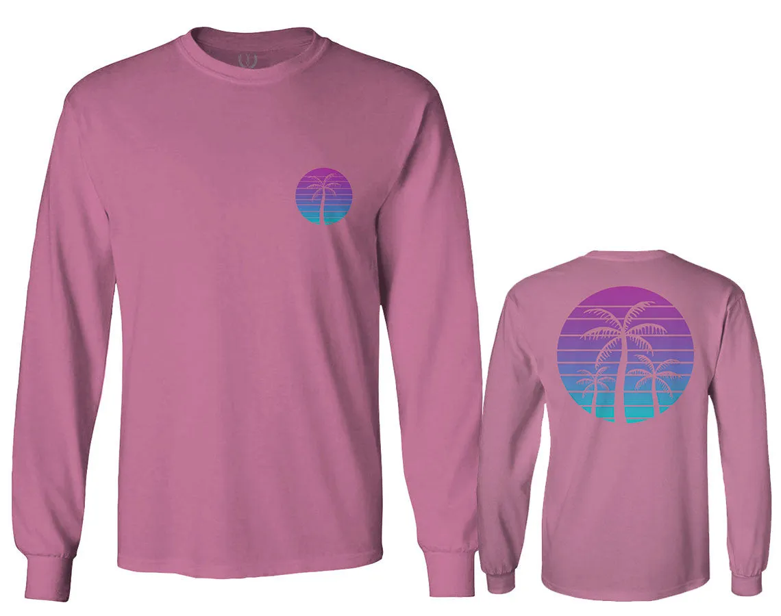 Front and Back Vaporwave Palm Trees Aesthetics Art Beach surf Sunset mens Long sleeve t shirt