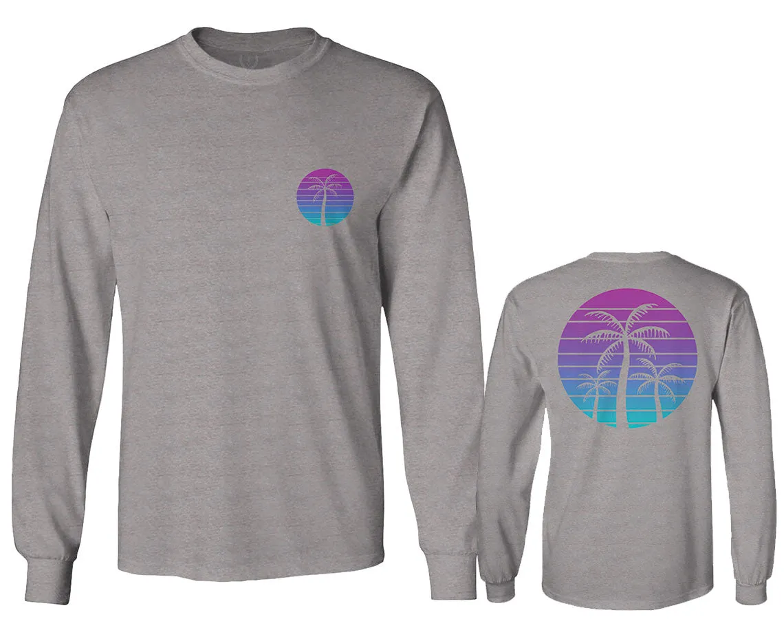 Front and Back Vaporwave Palm Trees Aesthetics Art Beach surf Sunset mens Long sleeve t shirt