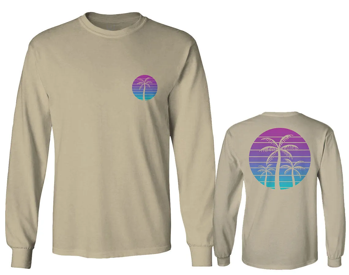 Front and Back Vaporwave Palm Trees Aesthetics Art Beach surf Sunset mens Long sleeve t shirt