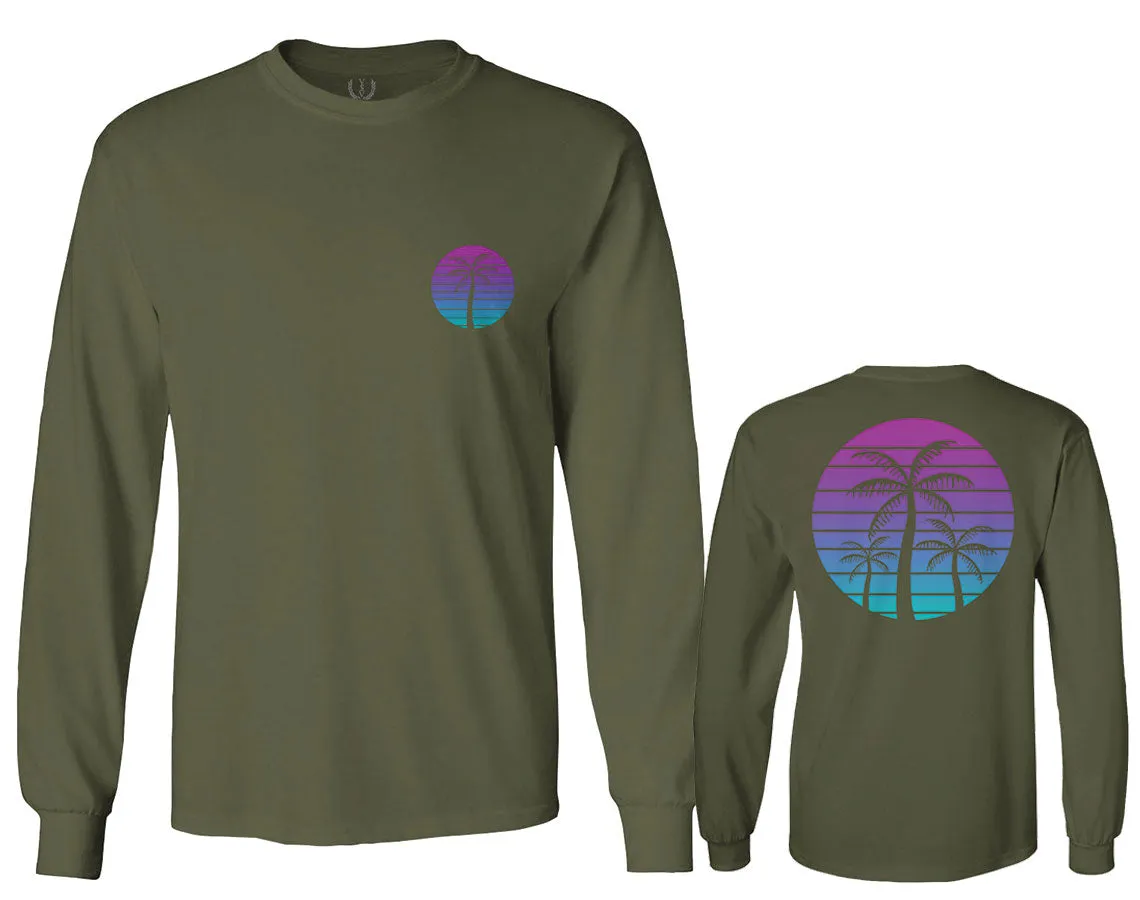 Front and Back Vaporwave Palm Trees Aesthetics Art Beach surf Sunset mens Long sleeve t shirt