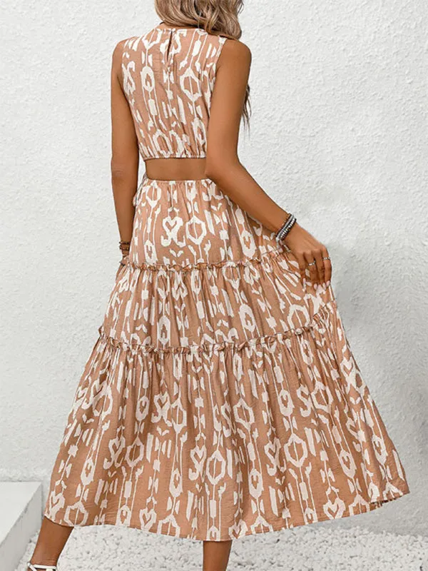 Geometric Print Sleeveless Maxi Dress with Tiered Design