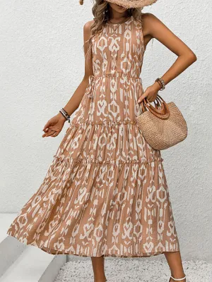 Geometric Print Sleeveless Maxi Dress with Tiered Design