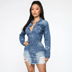 Gia Distressed Button-Up Long Sleeve Denim Mini Dress