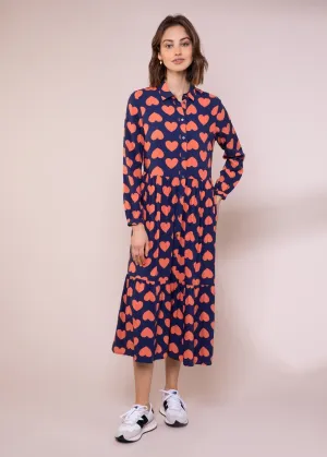 Graphic Heart Ecovero Midi Shirt Dress (Navy/ Coral)
