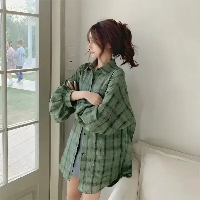 Grunge Y2K Style Plaid Shirt with Puff Sleeves and Button Fastening