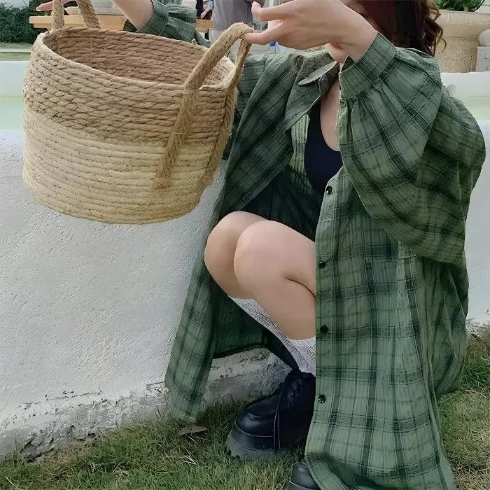 Grunge Y2K Style Plaid Shirt with Puff Sleeves and Button Fastening