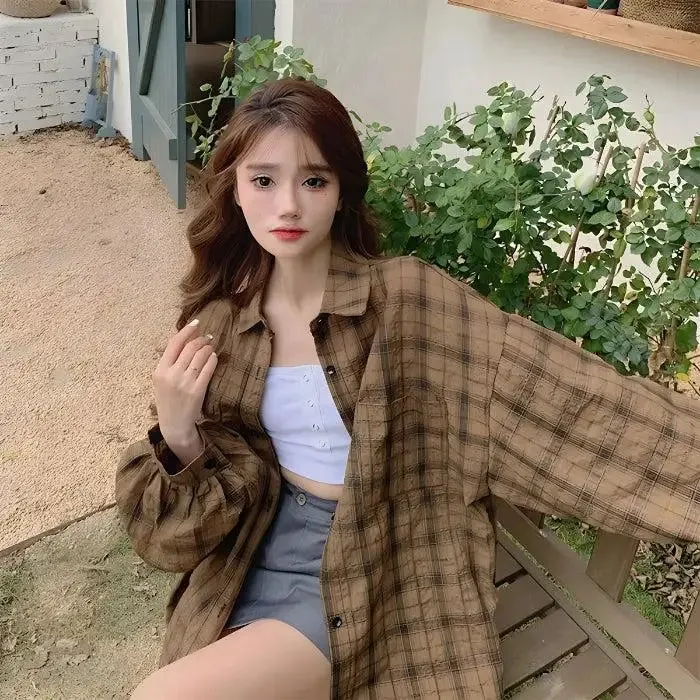 Grunge Y2K Style Plaid Shirt with Puff Sleeves and Button Fastening