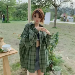 Grunge Y2K Style Plaid Shirt with Puff Sleeves and Button Fastening