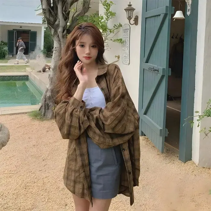 Grunge Y2K Style Plaid Shirt with Puff Sleeves and Button Fastening