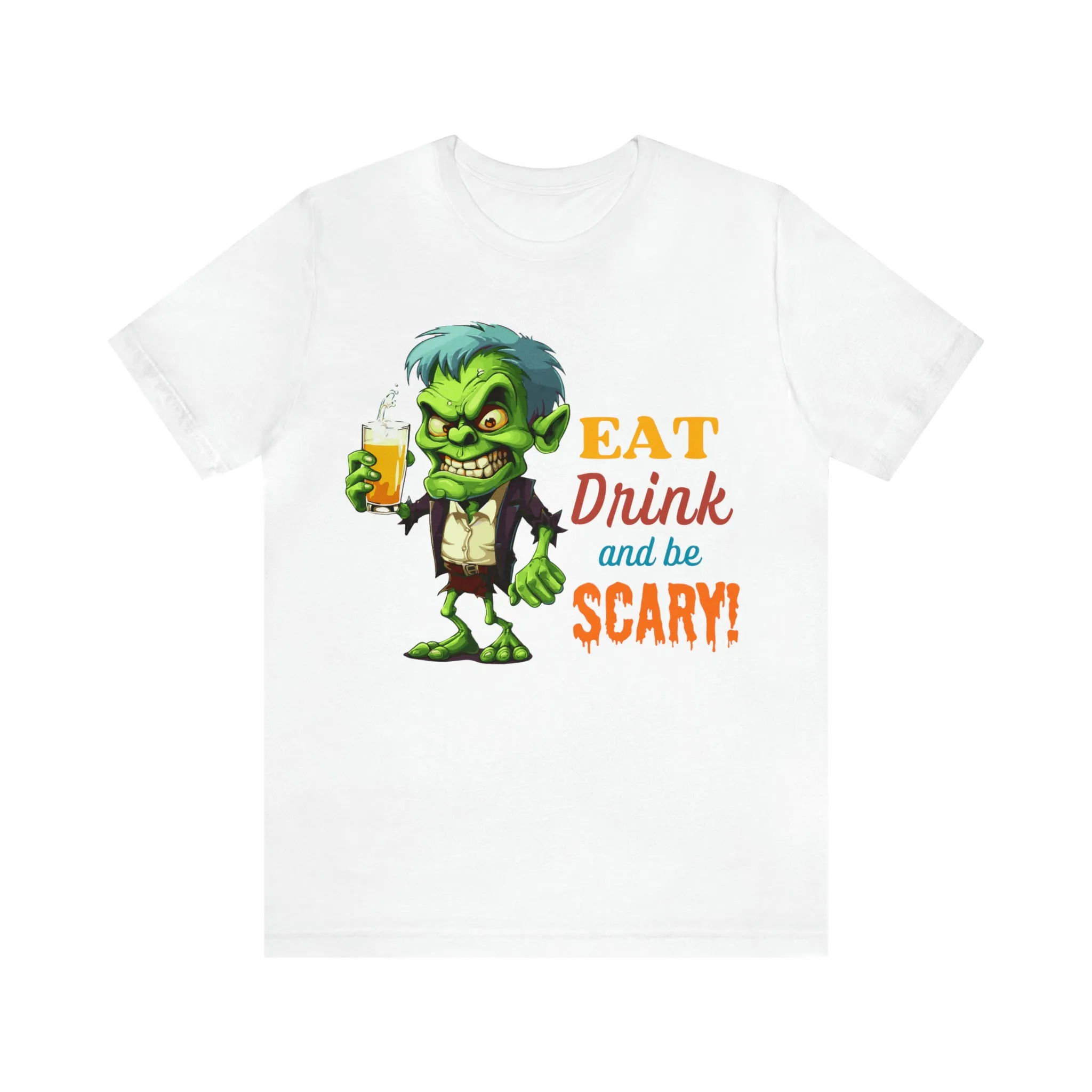 Halloween Eat Drink and Be Scary T-Shirt | Creepy Scary Ghoul Tee |  Bella Canvas 3001Unisex | Ghoul Drinking Short Sleeve Tshirt