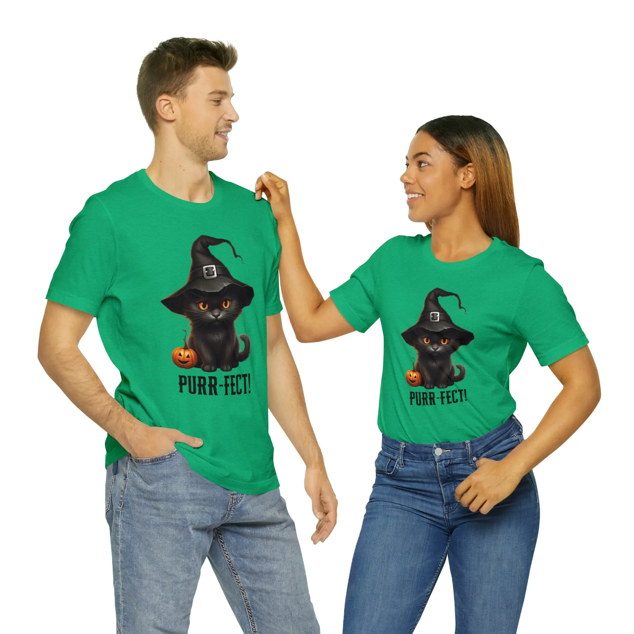 Halloween Purr-Fect Black Cat T-Shirt | Cat with Witch's Hat Tee |  Bella Canvas 3001Unisex | Funny Short Sleeve Tshirt