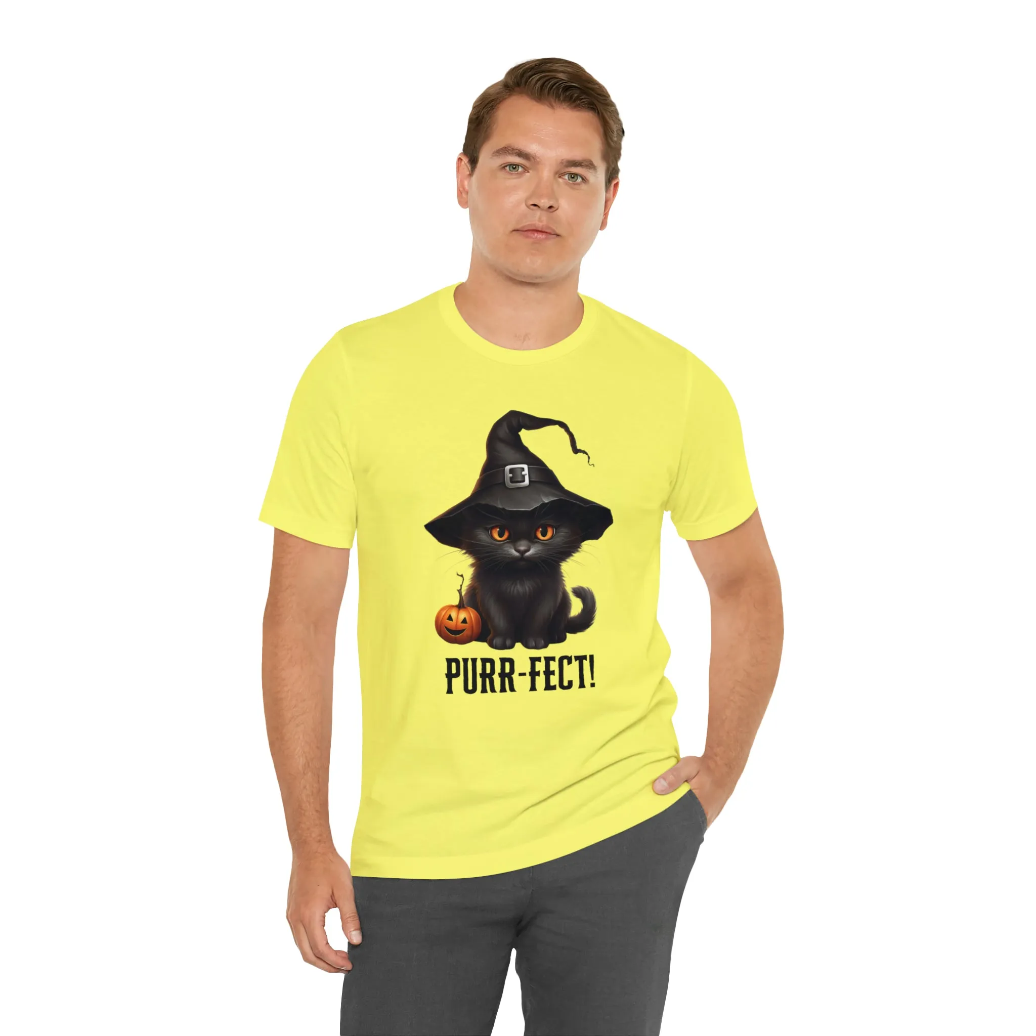 Halloween Purr-Fect Black Cat T-Shirt | Cat with Witch's Hat Tee |  Bella Canvas 3001Unisex | Funny Short Sleeve Tshirt