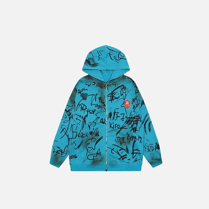 Hand-Drawn Y2K Full Zip Hoodie for Unique Streetwear Style