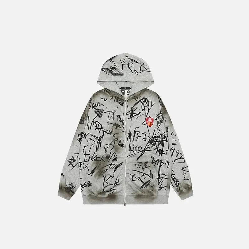 Hand-Drawn Y2K Full Zip Hoodie for Unique Streetwear Style