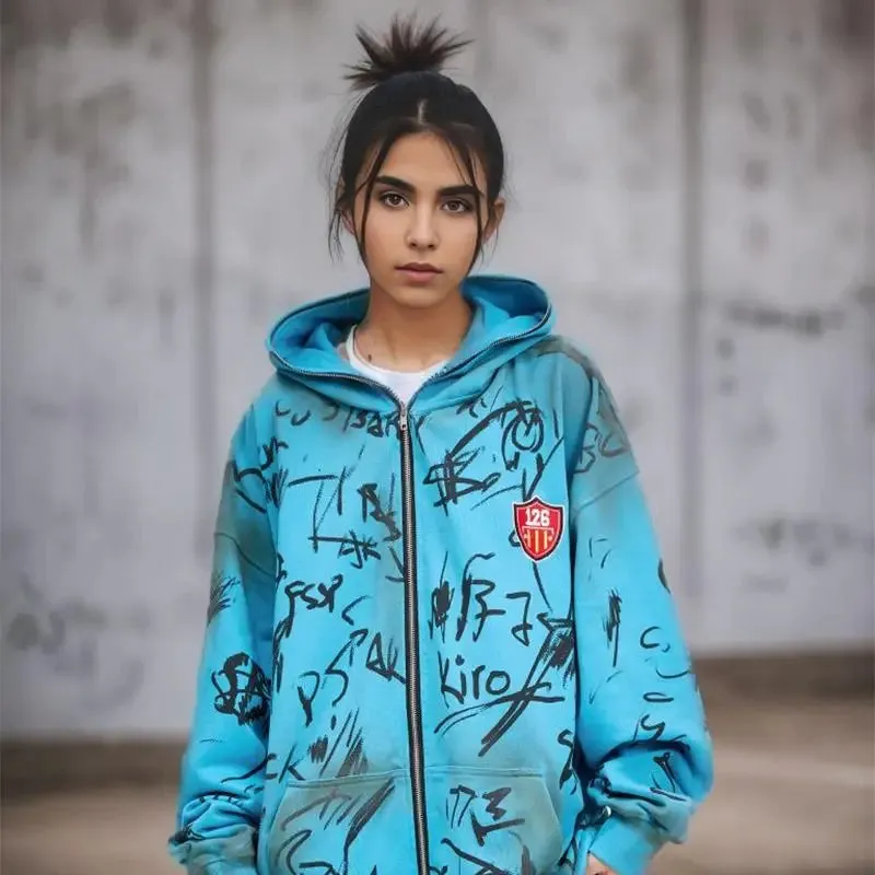 Hand-Drawn Y2K Full Zip Hoodie for Unique Streetwear Style