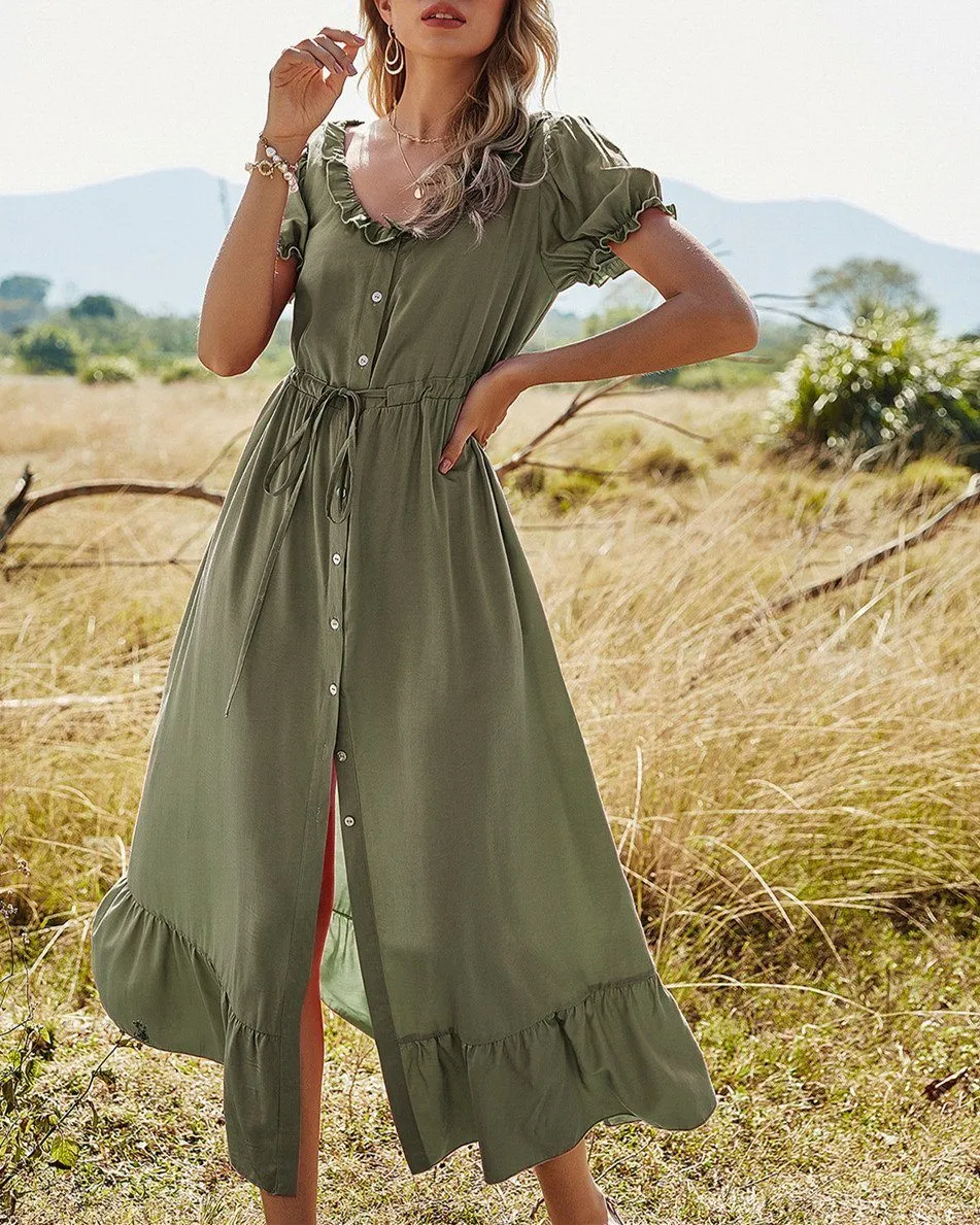 Happy Tiers Puff Sleeve Midi Dress - Green