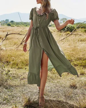 Happy Tiers Puff Sleeve Midi Dress - Green