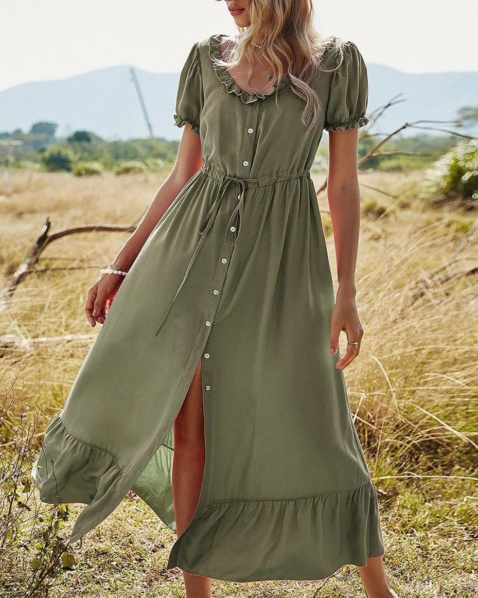 Happy Tiers Puff Sleeve Midi Dress - Green