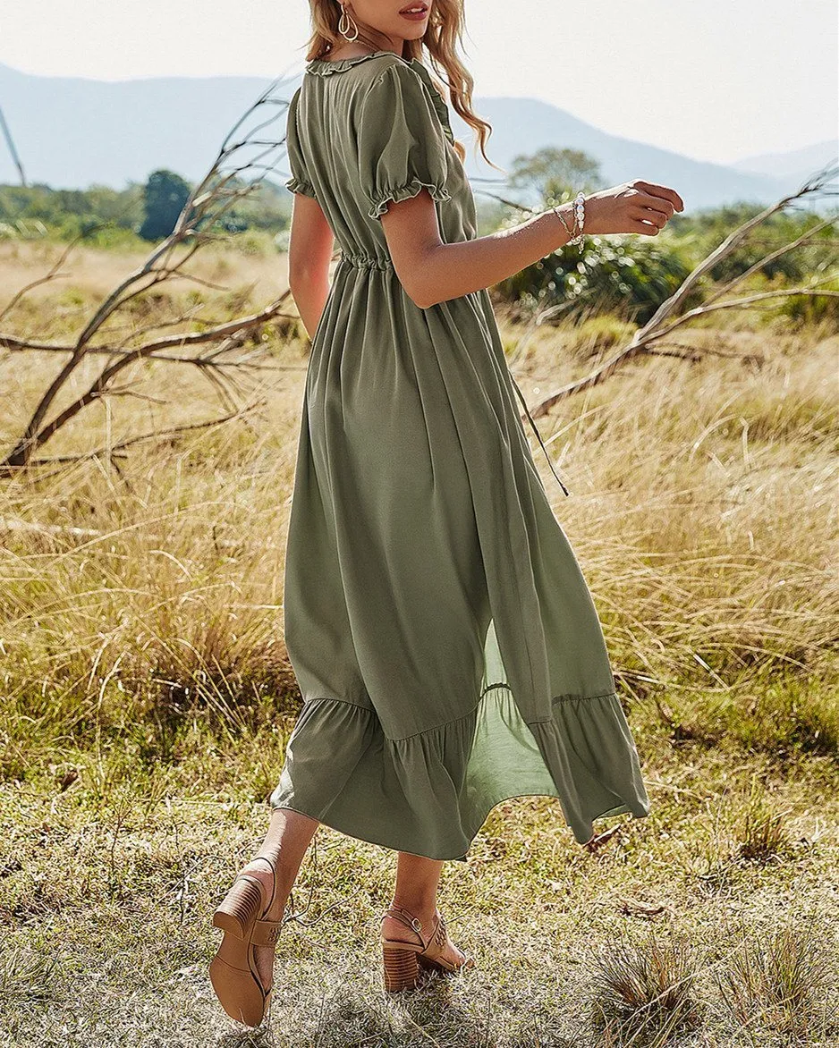 Happy Tiers Puff Sleeve Midi Dress - Green