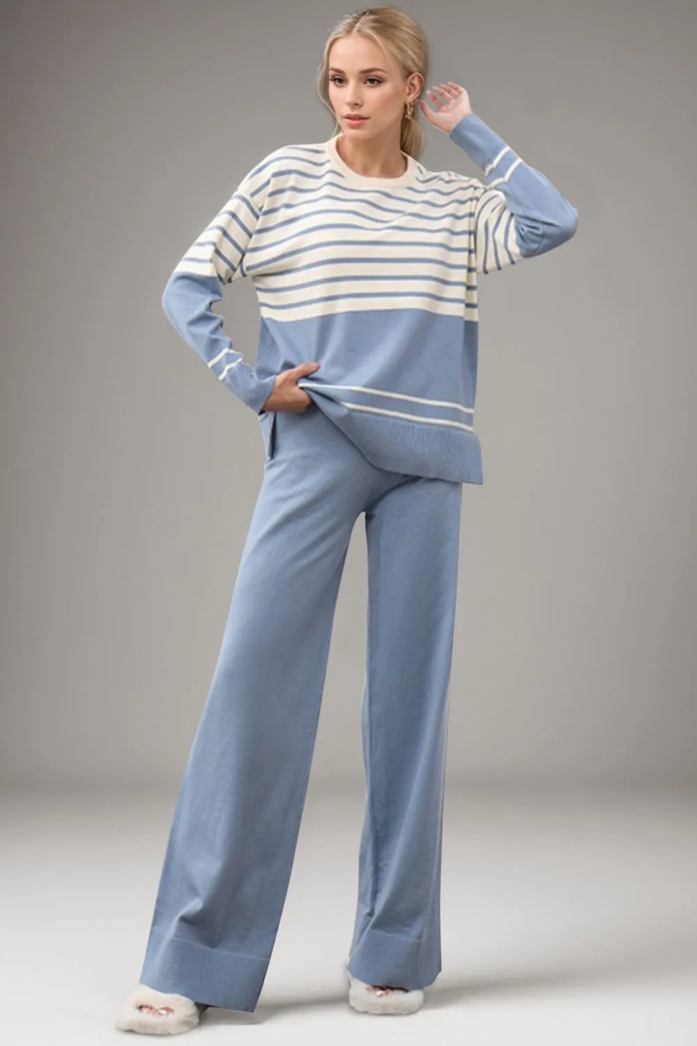 Hazel Blues® |  Basic Bae Striped Round Neck Long Sleeve Top and Pants Sweater Set
