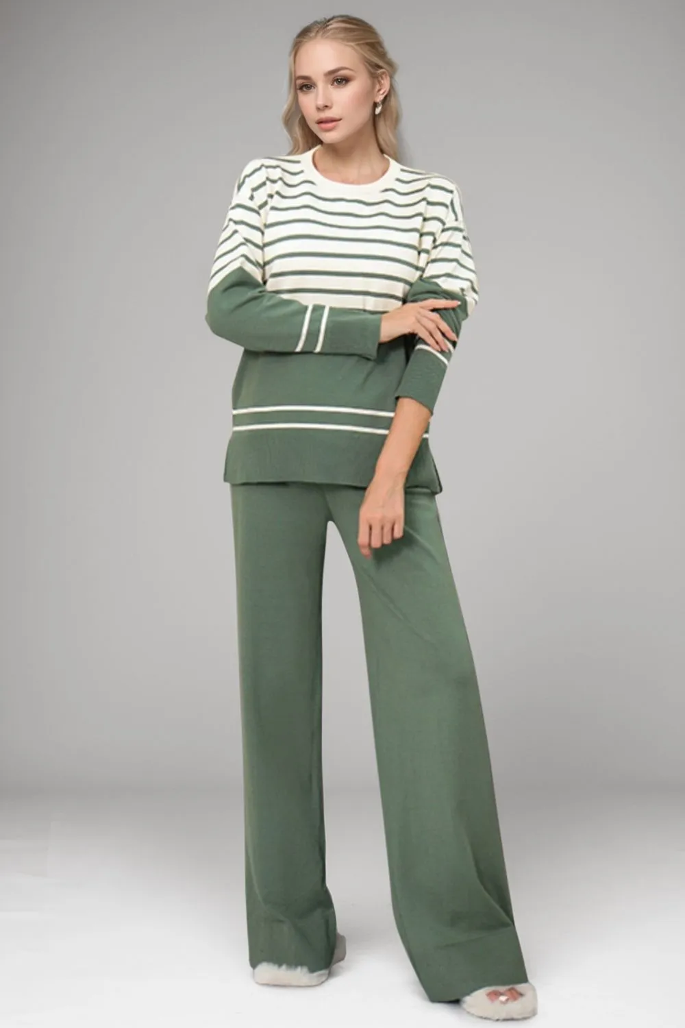 Hazel Blues® |  Basic Bae Striped Round Neck Long Sleeve Top and Pants Sweater Set
