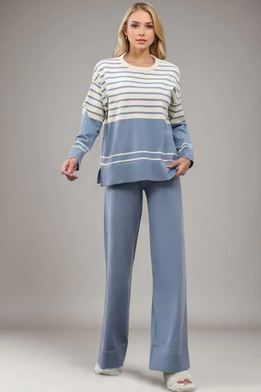 Hazel Blues® |  Basic Bae Striped Round Neck Long Sleeve Top and Pants Sweater Set