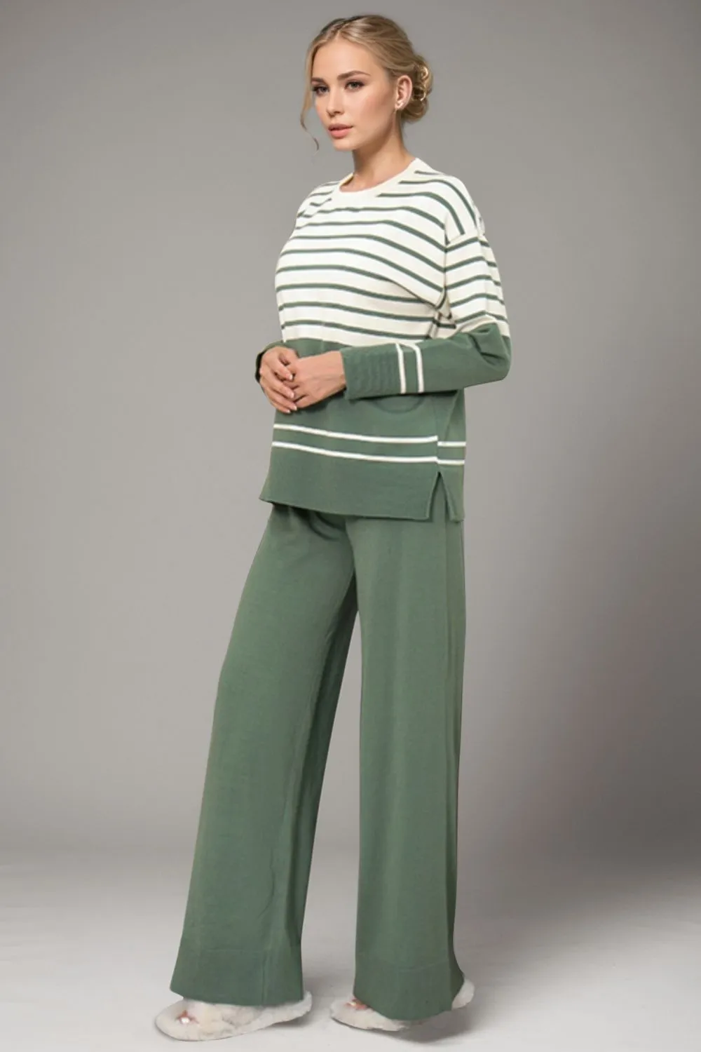 Hazel Blues® |  Basic Bae Striped Round Neck Long Sleeve Top and Pants Sweater Set