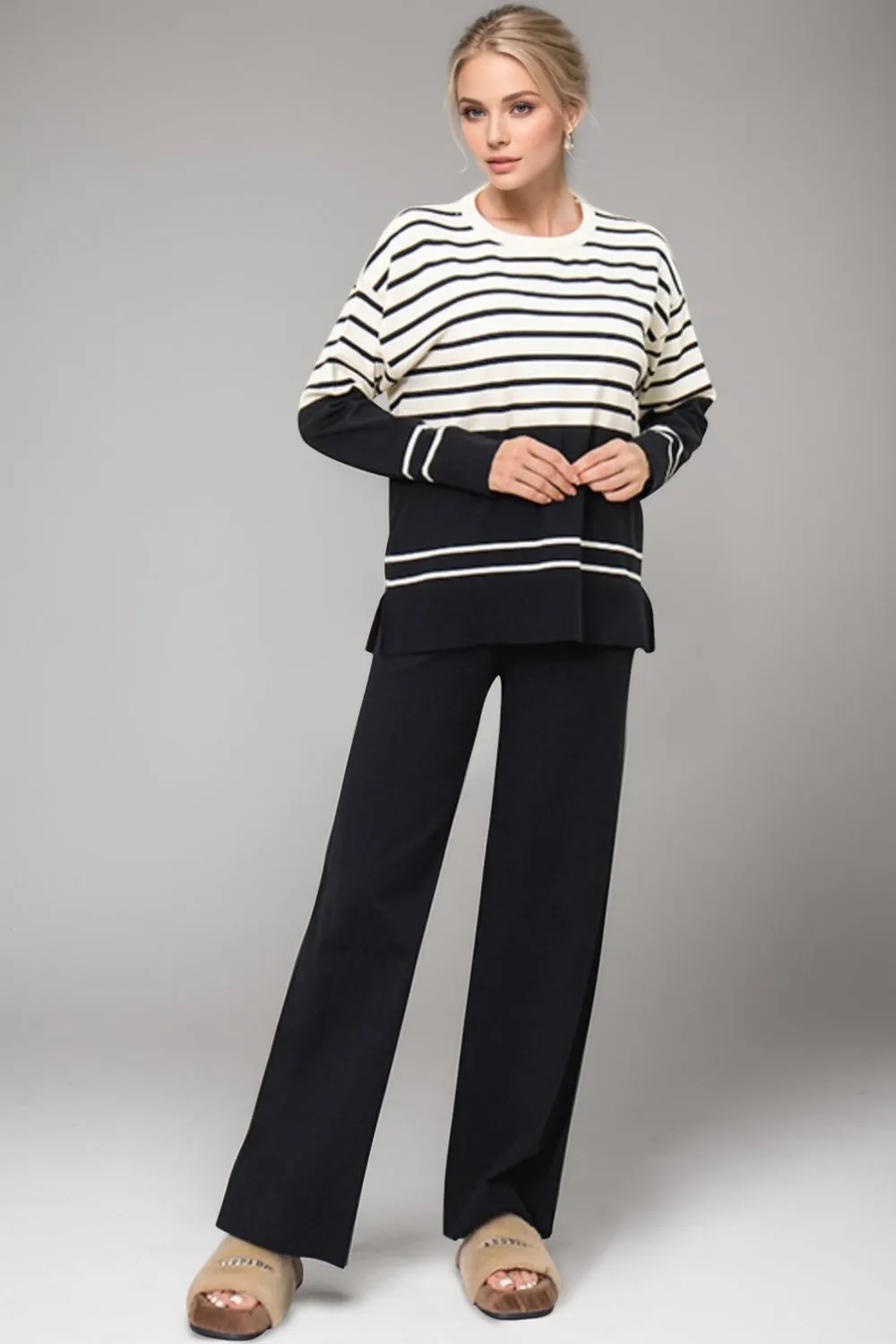 Hazel Blues® |  Basic Bae Striped Round Neck Long Sleeve Top and Pants Sweater Set