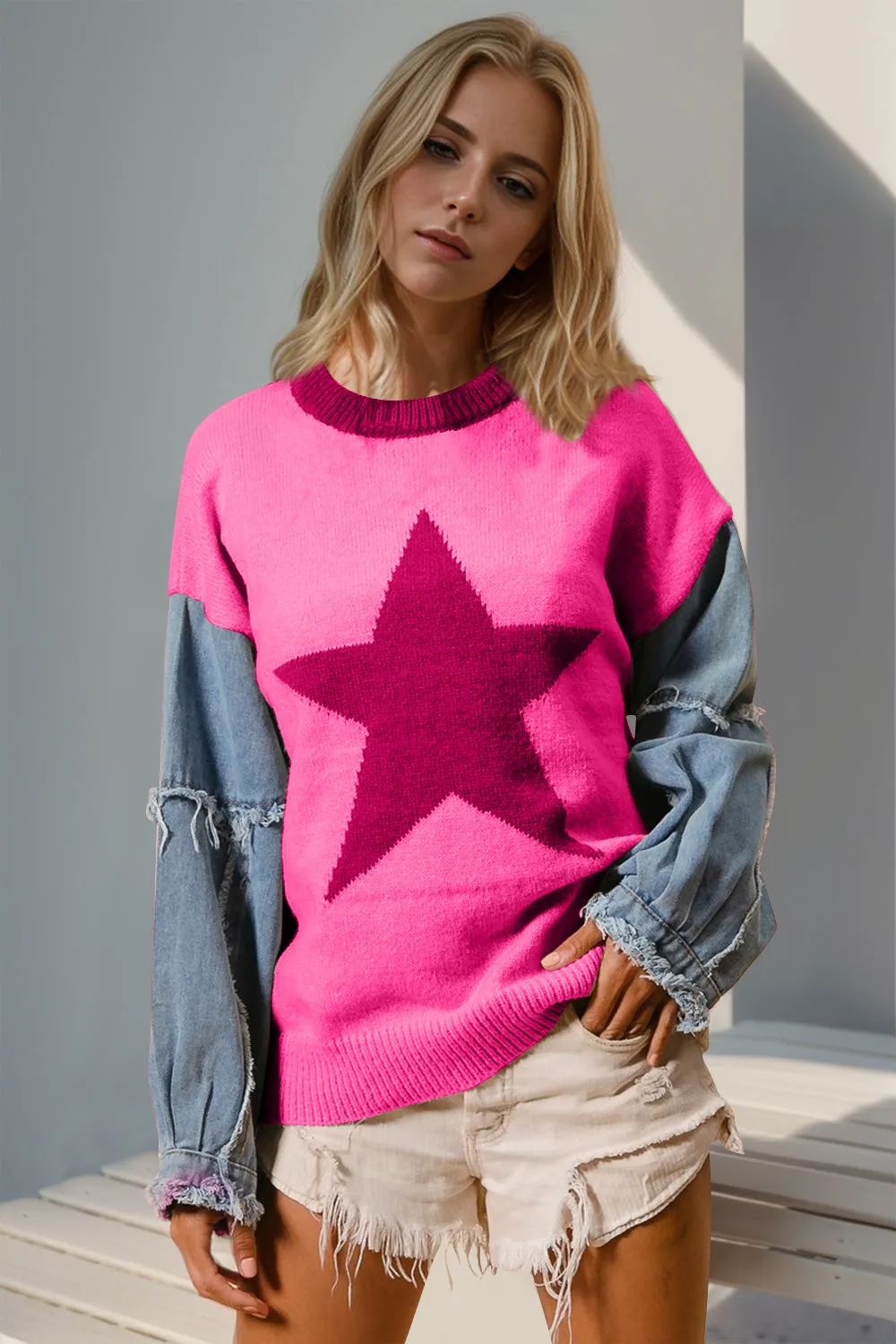 Hazel Blues® |  Double Take Star Pattern Raw Edge Long Sleeve Sweater