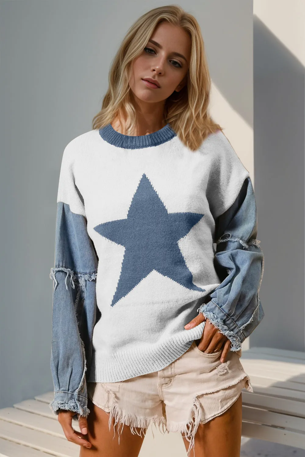 Hazel Blues® |  Double Take Star Pattern Raw Edge Long Sleeve Sweater