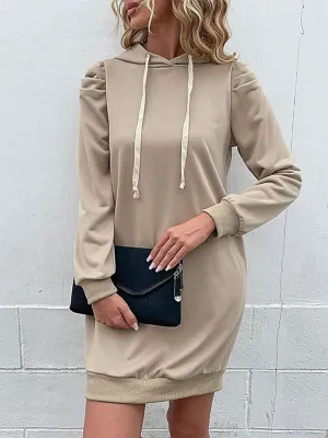 Hooded Sweatshirt Dress with Ribbed Cuffs and Puff Sleeves