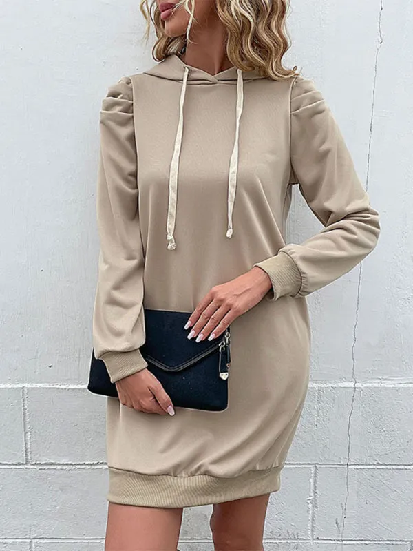 Hooded Sweatshirt Dress with Ribbed Cuffs and Puff Sleeves