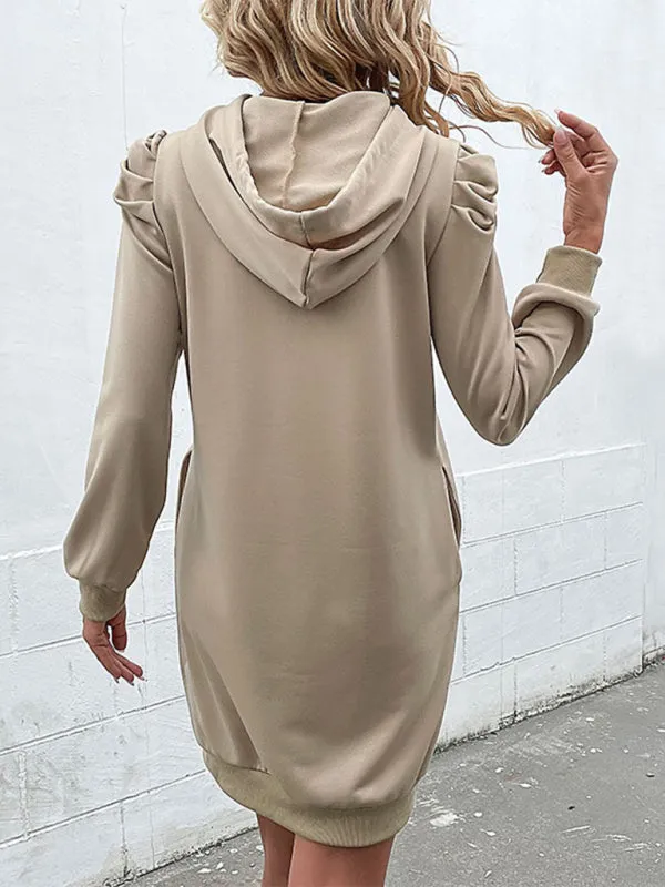 Hooded Sweatshirt Dress with Ribbed Cuffs and Puff Sleeves