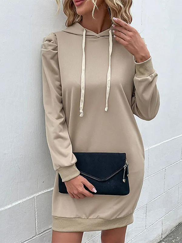 Hooded Sweatshirt Dress with Ribbed Cuffs and Puff Sleeves