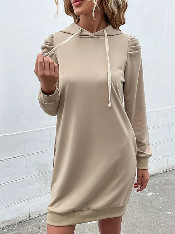 Hooded Sweatshirt Dress with Ribbed Cuffs and Puff Sleeves