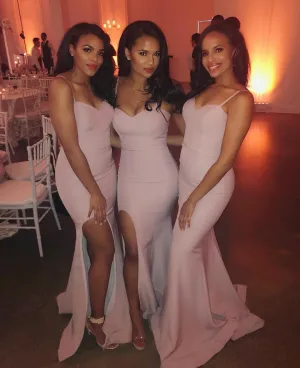 Hot Sexy Split Mermaid Peach Bridesmaid Dresses Spaghetti-Straps
