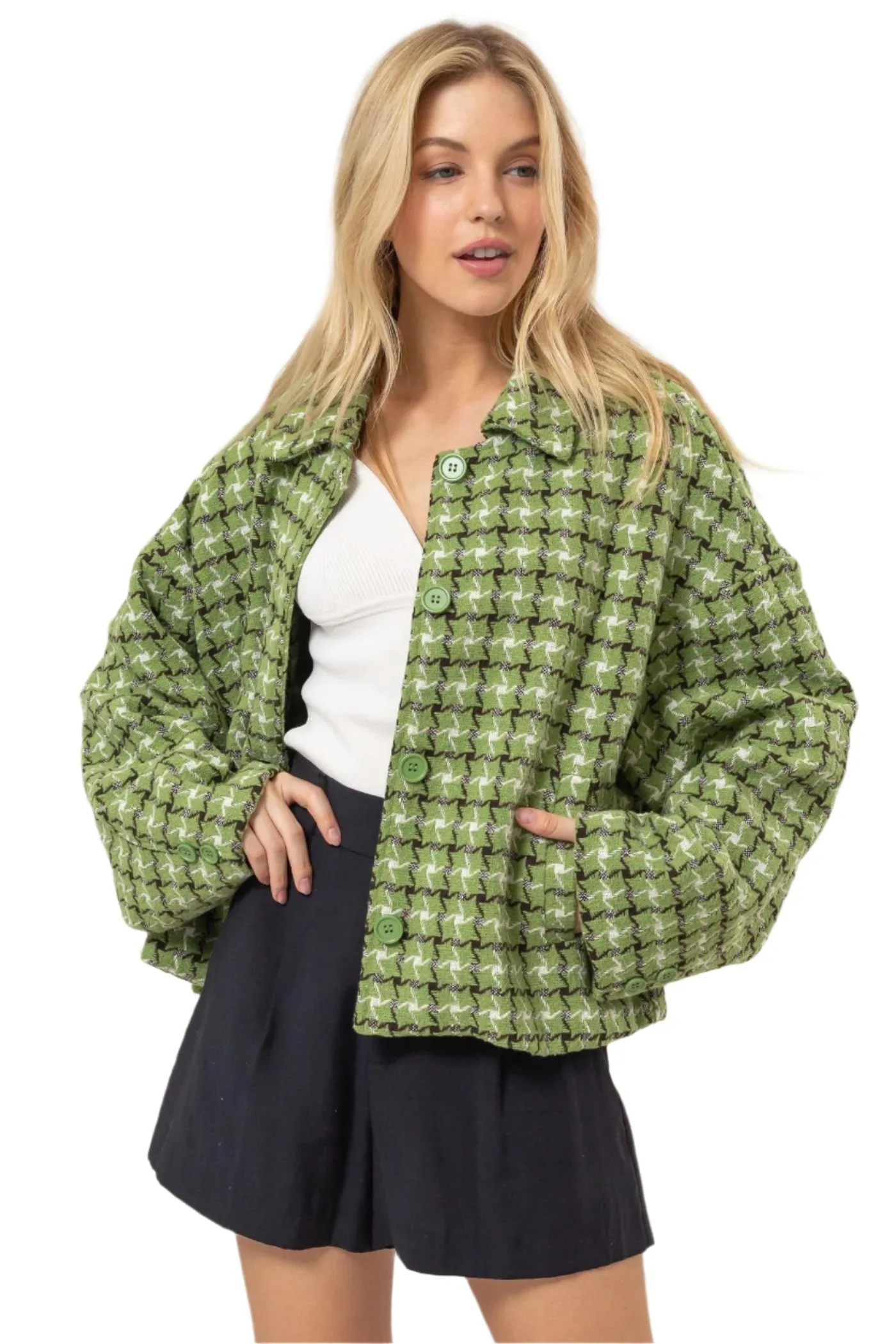 HYFVE Tweed Plaid Button Up Collared Neck Jacket