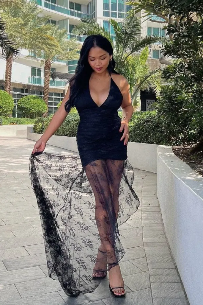 Ingrid Strappy Halter Lace Astymmetrical Dress