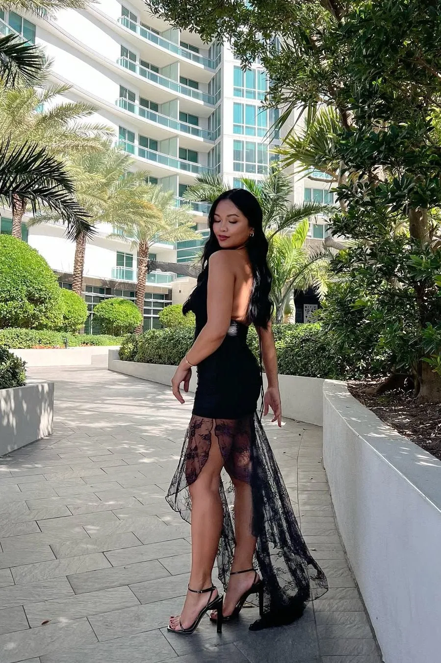 Ingrid Strappy Halter Lace Astymmetrical Dress