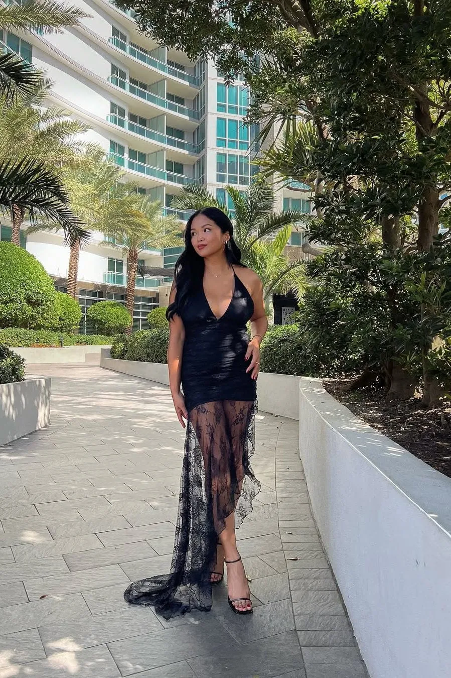 Ingrid Strappy Halter Lace Astymmetrical Dress