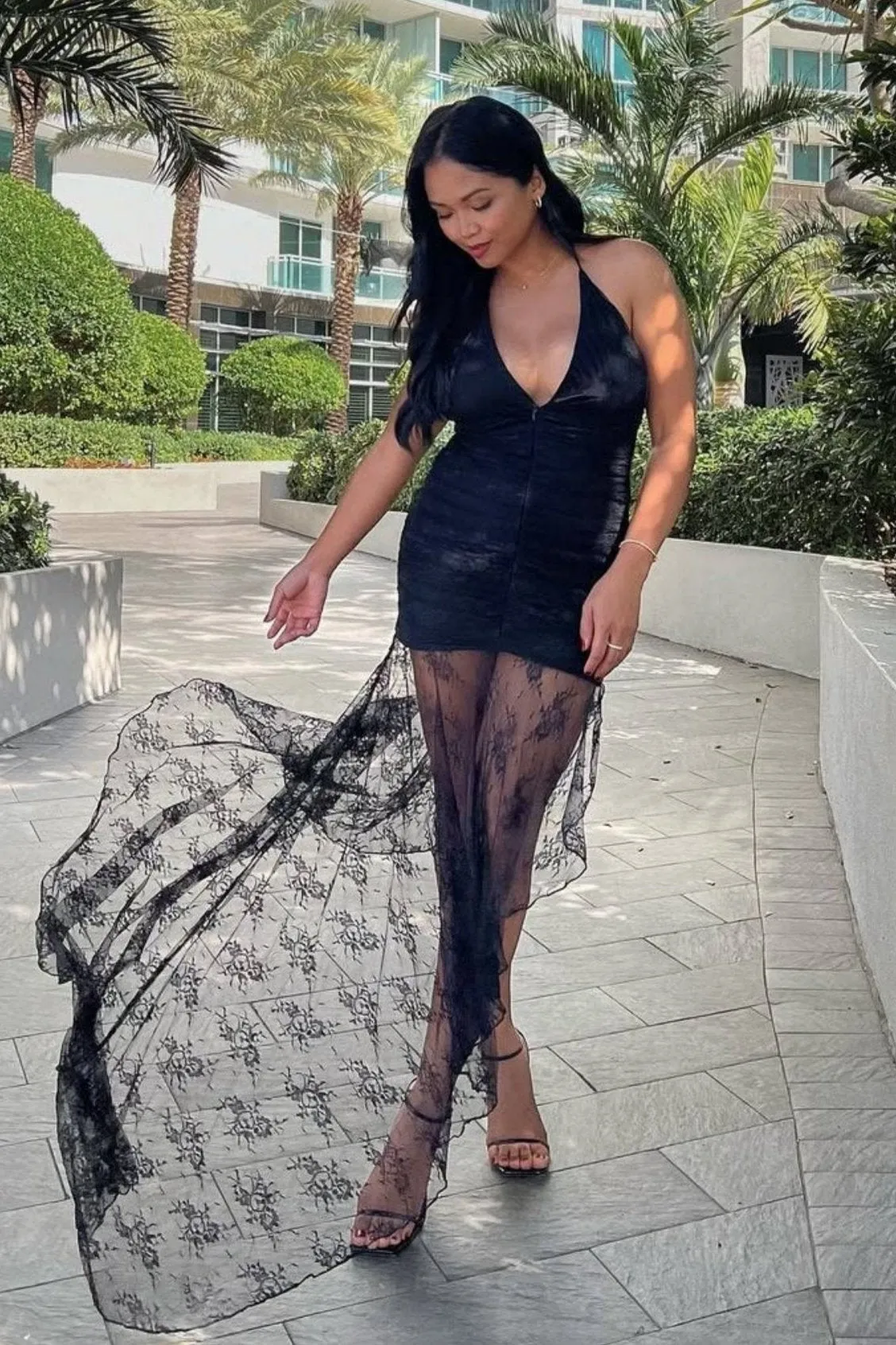 Ingrid Strappy Halter Lace Astymmetrical Dress