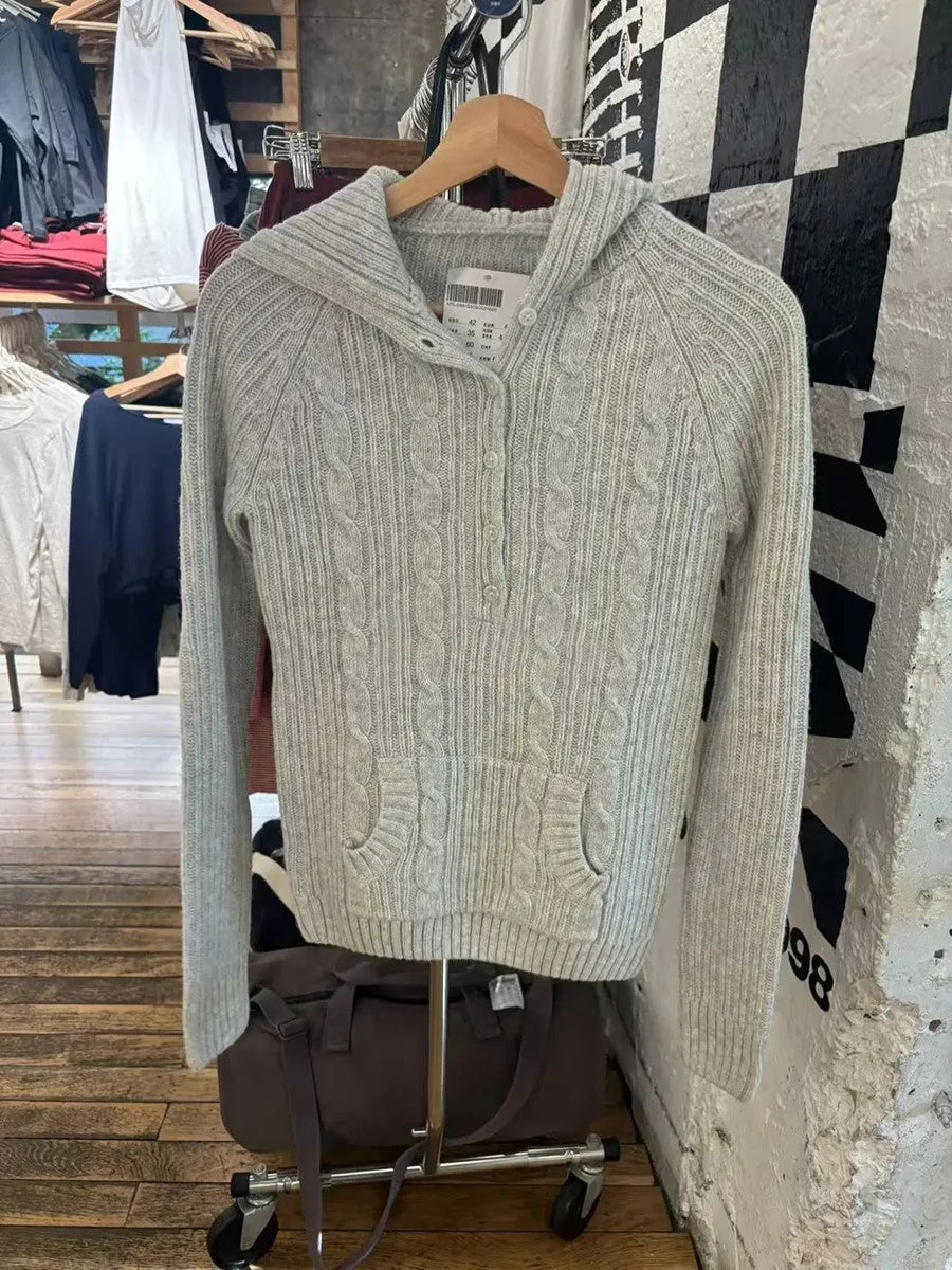 JazzHer Sweet Gray Twist Flower Buttons Slim Sweater Women Autumn Pocket Hooded Long Sleeve Knitted Hoodie Vintage Preppy Style Sweaters