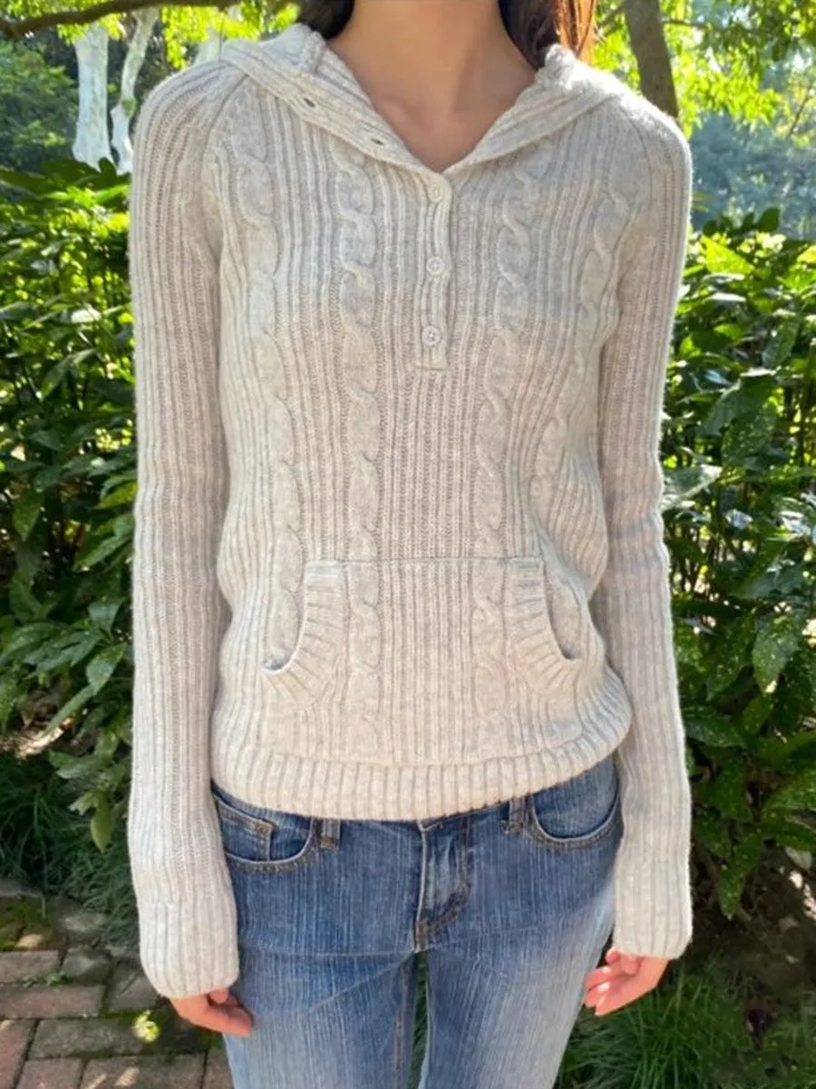 JazzHer Sweet Gray Twist Flower Buttons Slim Sweater Women Autumn Pocket Hooded Long Sleeve Knitted Hoodie Vintage Preppy Style Sweaters