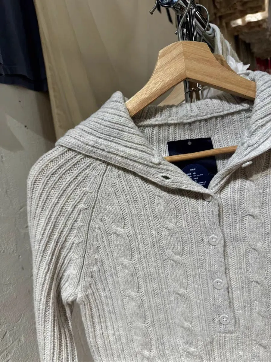 JazzHer Sweet Gray Twist Flower Buttons Slim Sweater Women Autumn Pocket Hooded Long Sleeve Knitted Hoodie Vintage Preppy Style Sweaters