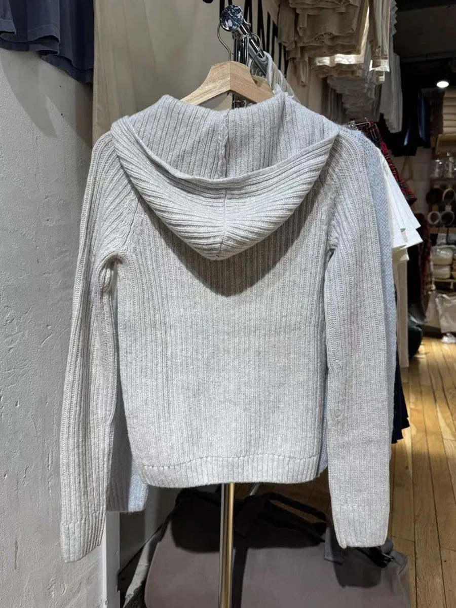 JazzHer Sweet Gray Twist Flower Buttons Slim Sweater Women Autumn Pocket Hooded Long Sleeve Knitted Hoodie Vintage Preppy Style Sweaters