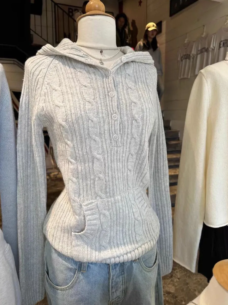 JazzHer Sweet Gray Twist Flower Buttons Slim Sweater Women Autumn Pocket Hooded Long Sleeve Knitted Hoodie Vintage Preppy Style Sweaters